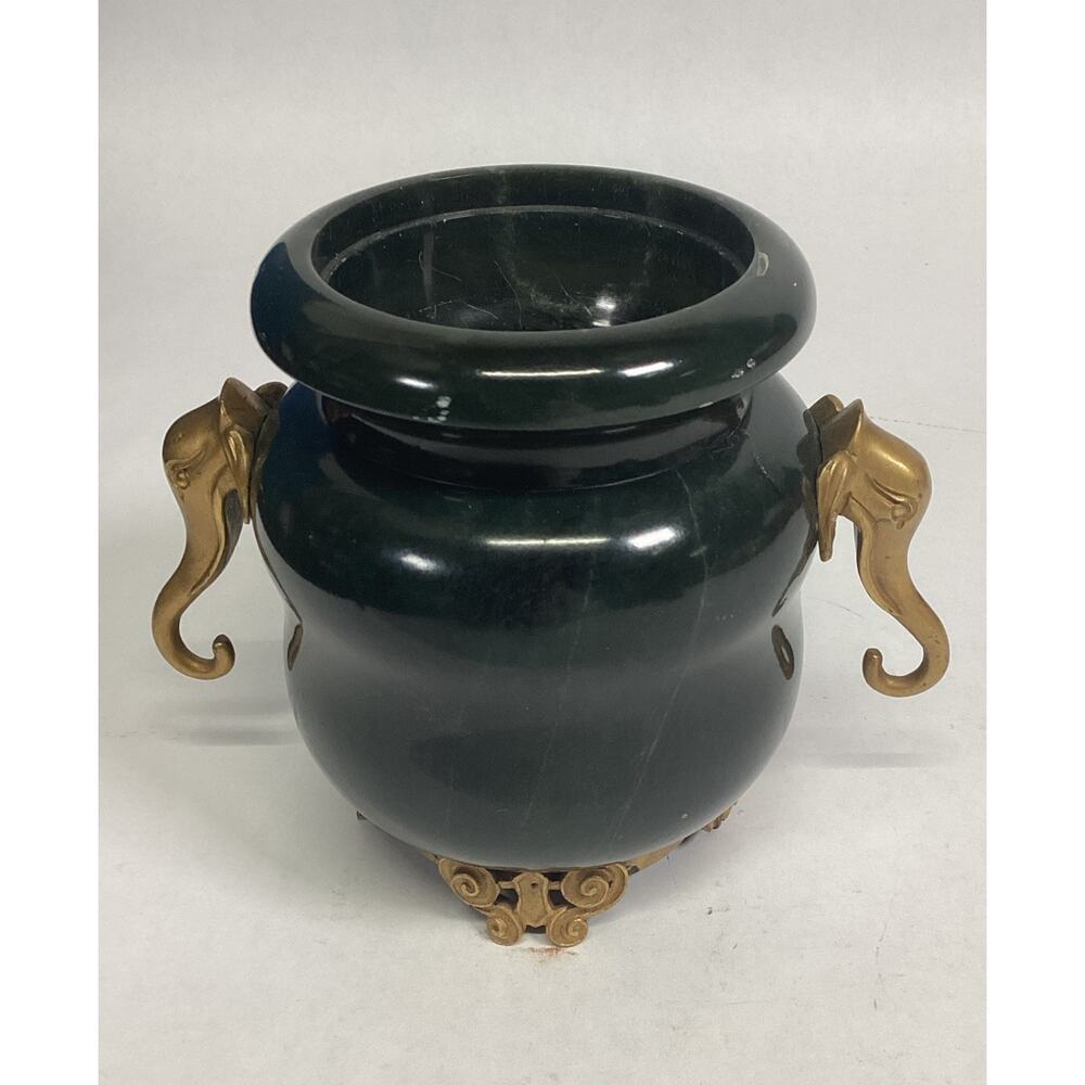Dark Green Marble Planter With Gold Tone Elephant Head Handles And Gold Base